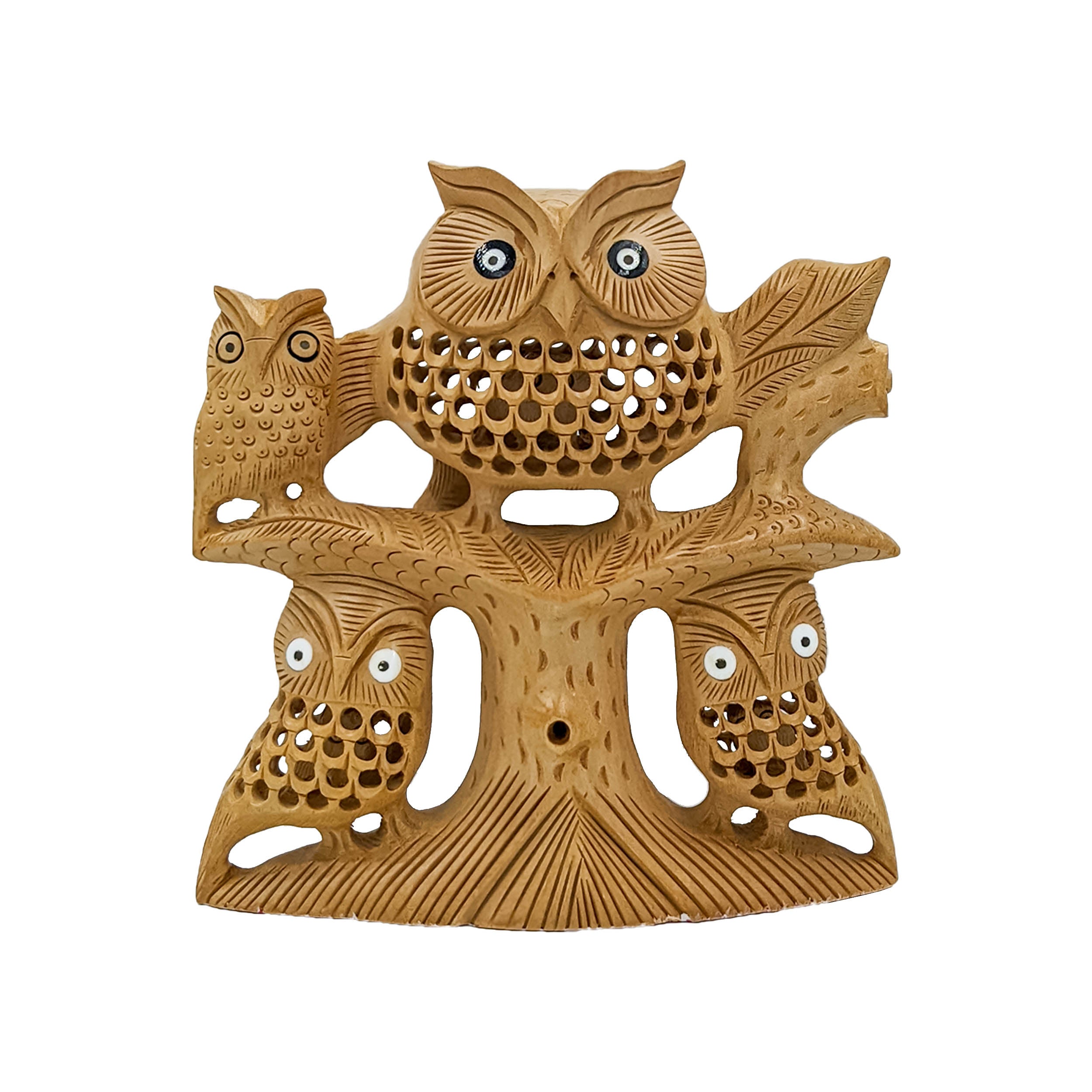 Handcrafted Wooden Owl Family on Tree