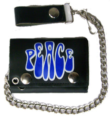 Wholesale PEACE WORD TRIFOLD LEATHER WALLETS WITH CHAIN (Sold by the piece)
