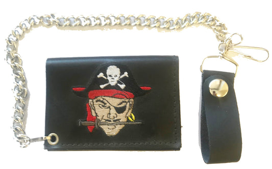 Buy Embroidered PIRATE SKULL & CROSS BONES TRIFOLD LEATHER WALLET WITH CHAINBulk Price