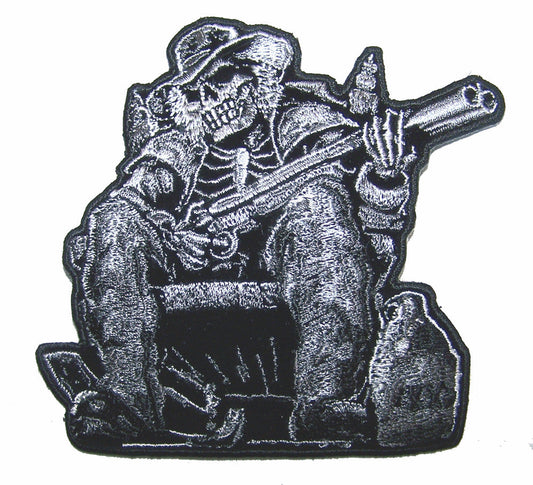 Wholesale MOONSHINE SKELETON W SHOT GUN 4 IN EMBROIDERED PATCH  (sold by the piece )