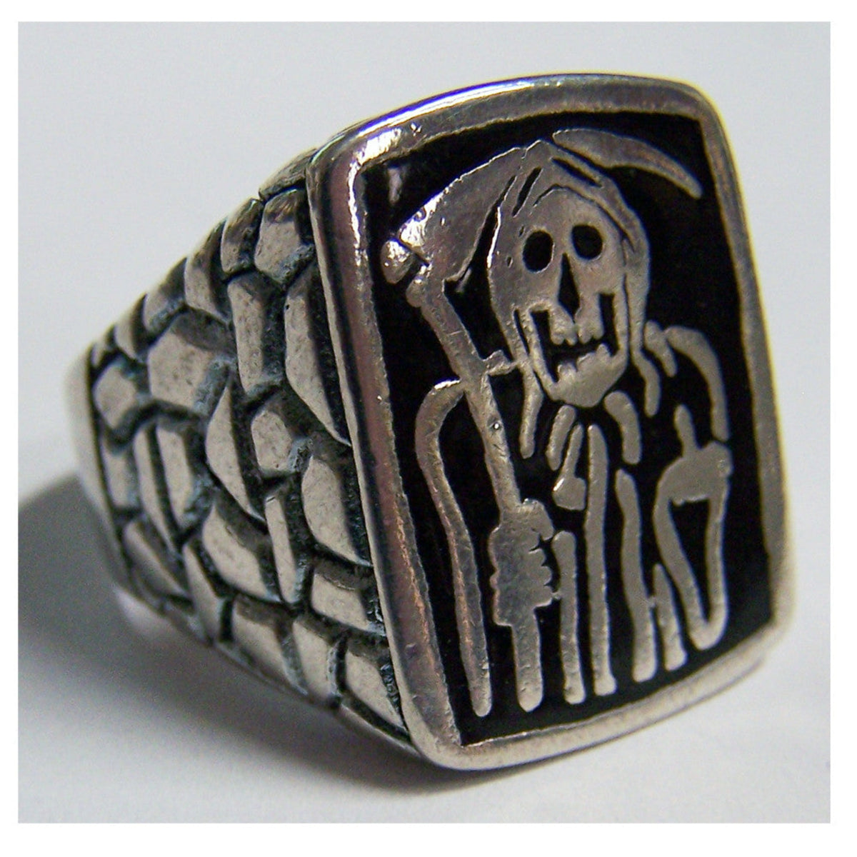 Wholesale Black Impressed Grim Reaper Silver Biker Ring - Assorted Sizes