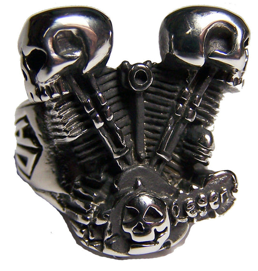 Wholesale ENGINE PISTOL SKULL HEADS STAINLESS STEEL BIKER RING ( sold by the piece )