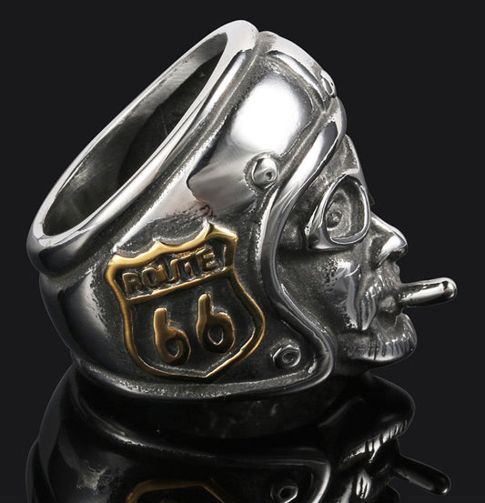 Wholesale ROUTE 66 BIKERS HEAD WITH HELMET STAINLESS STEEL BIKER RING ( sold by the piece )