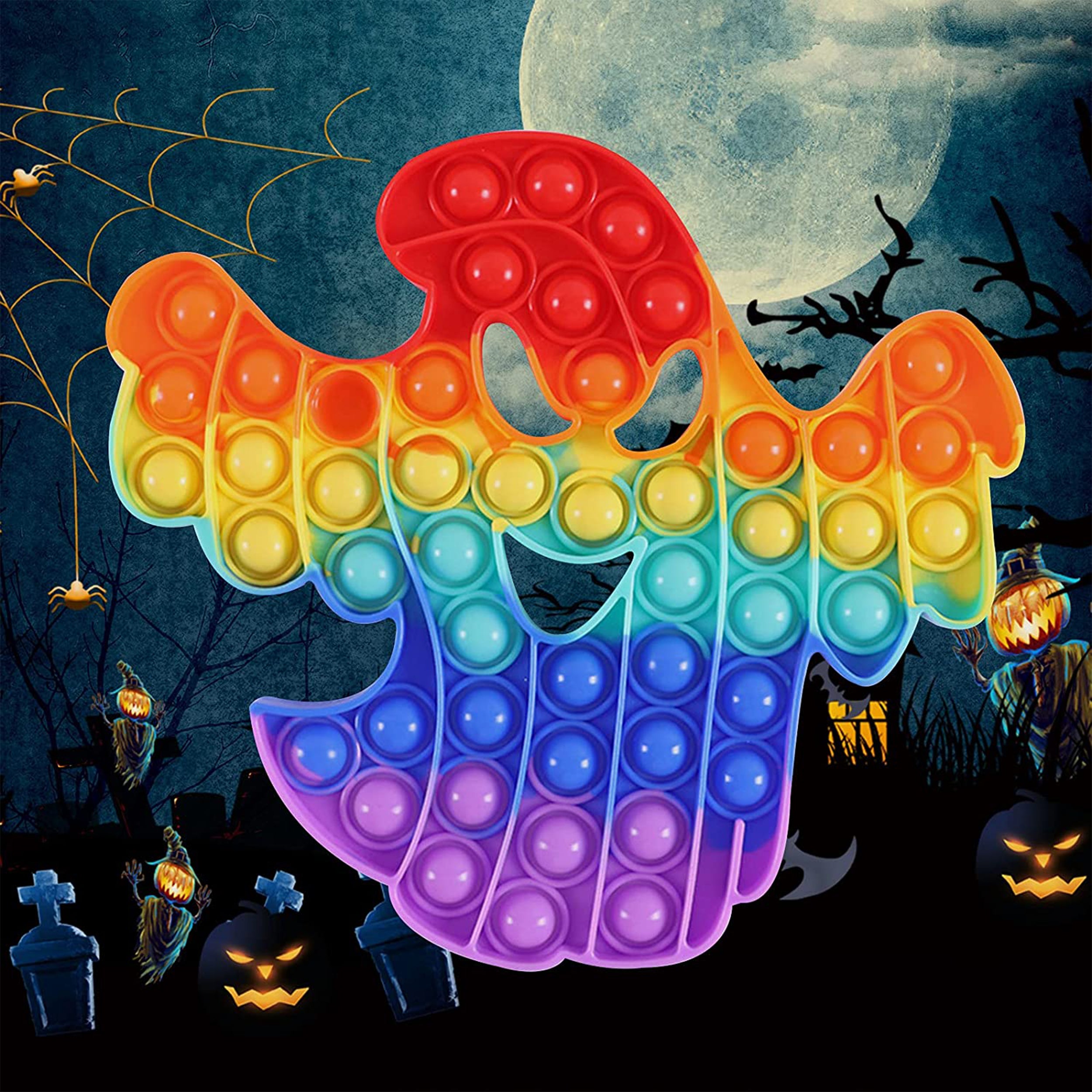 Rainbow  halloween ghost shape pop it fidget toys with scary background