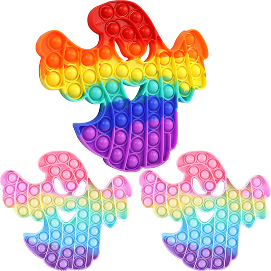 Three rainbow and macaron color halloween ghost shape pop it fidget toys
