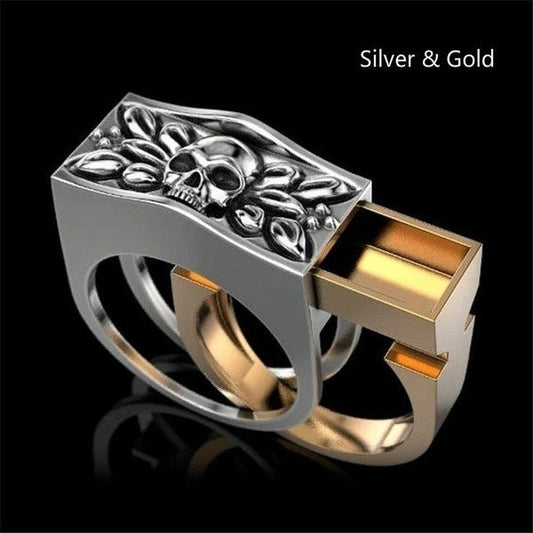 Wholesale SILVER AND GOLD HIDDEN COMPARTMENT SKULL METAL BIKER RING (sold by the piece)