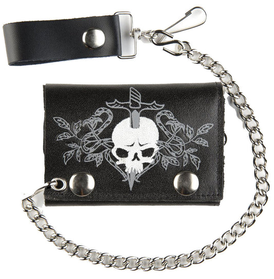 Wholesale SKULL & DAGGER TRIFOLD LEATHER WALLETS WITH CHAIN (Sold by the piece)