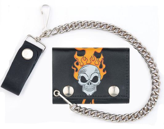 Wholesale SKULL HEAD WITH FLAMES TRIFOLD LEATHER WALLETS WITH CHAIN (Sold by the piece)