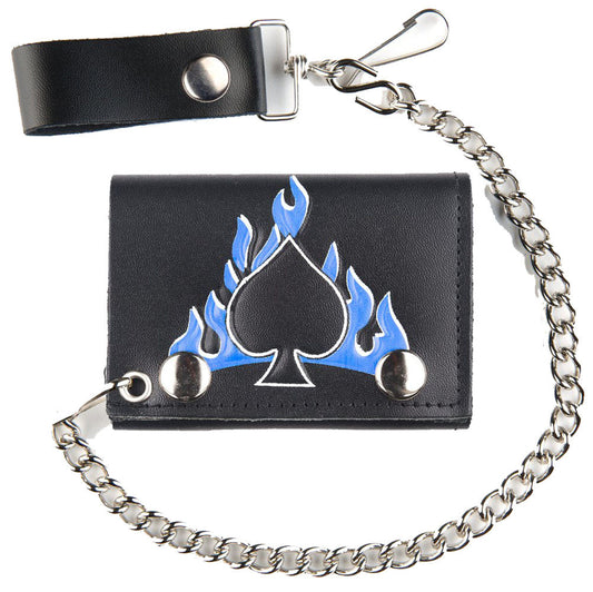 Wholesale SPADES BLUE FLAMES TRIFOLD LEATHER WALLETS WITH CHAIN (Sold by the piece)