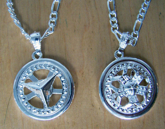 Wholesale ASSTORTED SILVER SPINNING CAR RIM NECKLACES ( sold by the piece or dozen ) CLOSEOUT ONLY $ 1 EA