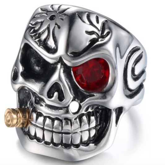 Wholesale Skull Head With Cigar & Red Crystal Eye Designs Biker Ring