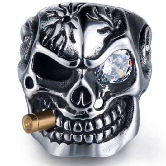 Wholesale Skull Head With Cigar & Clear Crystal Eye Designs Biker Ring