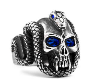 New Crystal Blue Eye Skull With Serpent Snake Metal Biker Ring For Girl & Boys  Sold By - 4 Piece