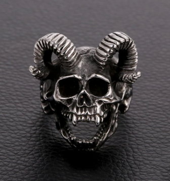 Wholesale DEVIL SKULL WITH RAM HORNS METAL BIKER RING (sold by the piece)