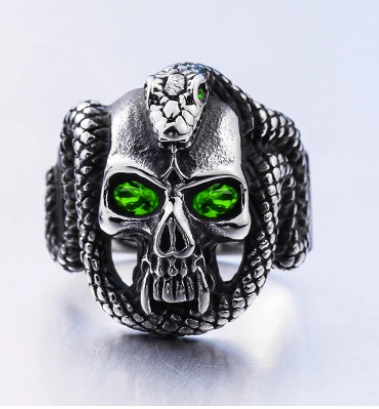 Wholesale CRYSTAL GREEN  EYE SKULL WITH SERPENT SNAKE METAL BIKER RING (sold by the piece)