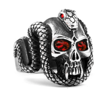 Wholesale CRYSTAL RED  EYE SKULL WITH SERPENT SNAKE METAL BIKER RING (sold by the piece)