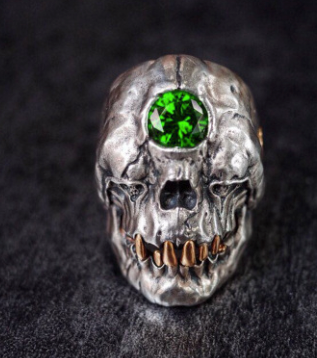 Wholesale THIRD EYE GREEN  CRYSTAL MUMMY SKULL  METAL BIKER RING (sold by the piece)