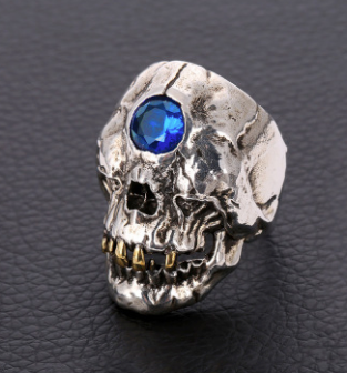 Wholesale THIRD EYE BLUE  CRYSTAL MUMMY SKULL  METAL BIKER RING (sold by the piece)
