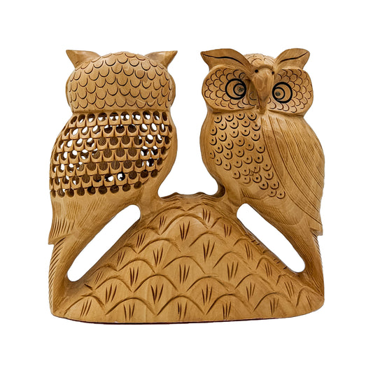 Wooden Couple Owl Sculpture