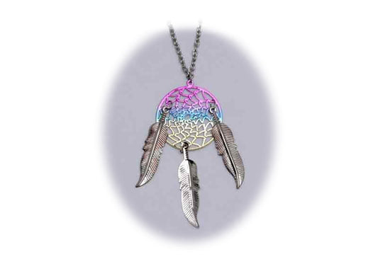 Wholesale 18 INCH METAL DREAM CATCHER SILVER RAINBOW NECKLACE WITH FEATHERS (SOLD BY THE PIECE)