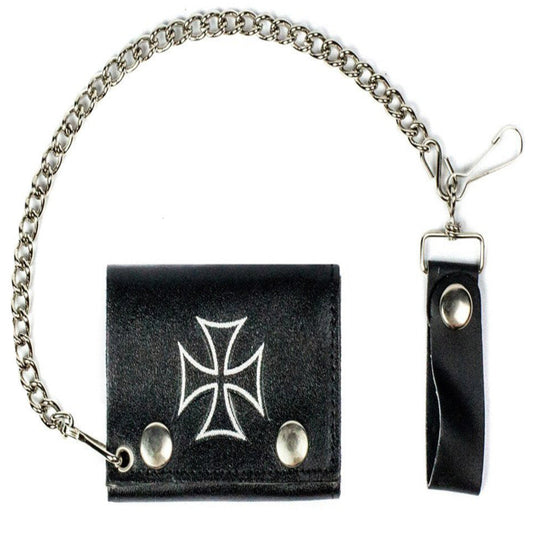 Wholesale IRON CROSS TRIFOLD LEATHER WALLETS WITH CHAIN (Sold by the piece)
