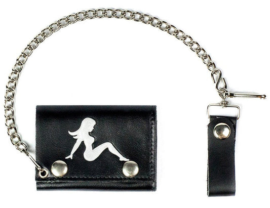 Wholesale MUD FLAP TRUCKER GIRL TRIFOLD LEATHER WALLETS WITH CHAIN (Sold by the piece)