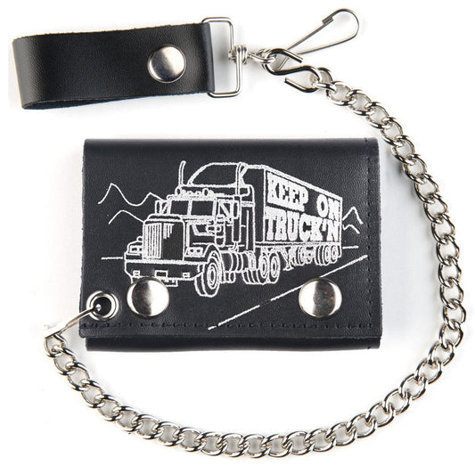 Wholesale KEEP ON TRUCKIN TRIFOLD LEATHER WALLETS WITH CHAIN (Sold by the piece)