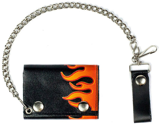 Wholesale SIDEWAYS FLAMES TRIFOLD LEATHER WALLETS WITH CHAIN (Sold by the piece)
