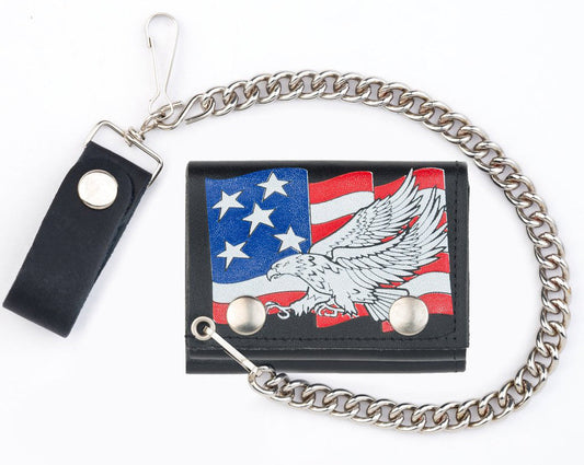 Wholesale USA FLAG FLYING EAGLE TRIFOLD LEATHER WALLETS WITH CHAIN (Sold by the piece)