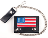 Wholesale AMERICAN FLAG TRIFOLD LEATHER WALLETS WITH CHAIN (Sold by the piece)