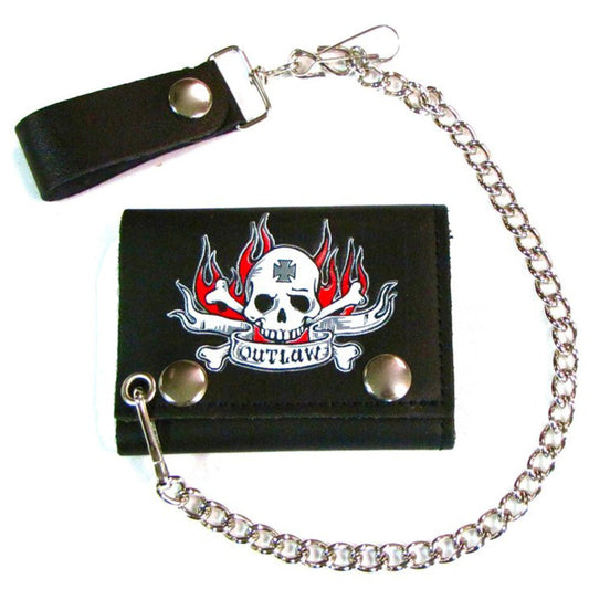 Wholesale Outlaw Skull Flame Trifold Wallet with Snap-On Chain | Men's Biker Wallet (Sold by the piece)
