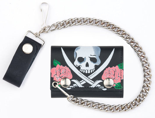 Buy ROSES SKULL CROSSES SWORD TRIFOLD LEATHER WALLETS WITH CHAINBulk Price