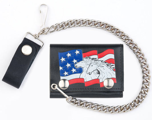 Wholesale USA FLAG HORSES TRIFOLD LEATHER WALLETS WITH CHAIN (Sold by the piece)