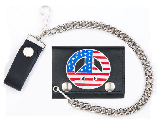 Buy USA PEACE SIGN TRIFOLD LEATHER WALLETS WITH CHAINBulk Price