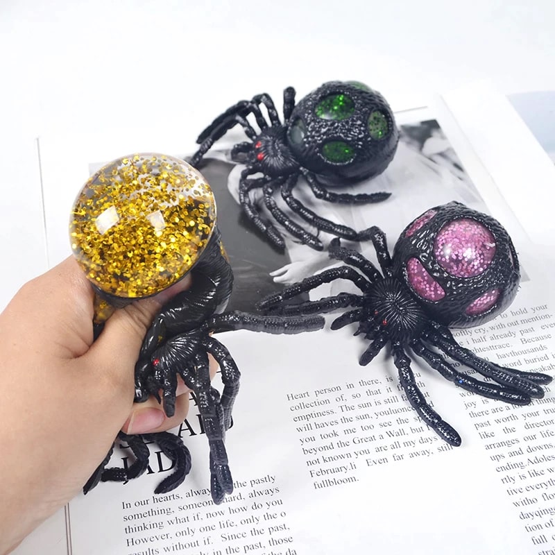 two Black Spider Water beads filled squishy Fidget Toys with 1 spider squeezed