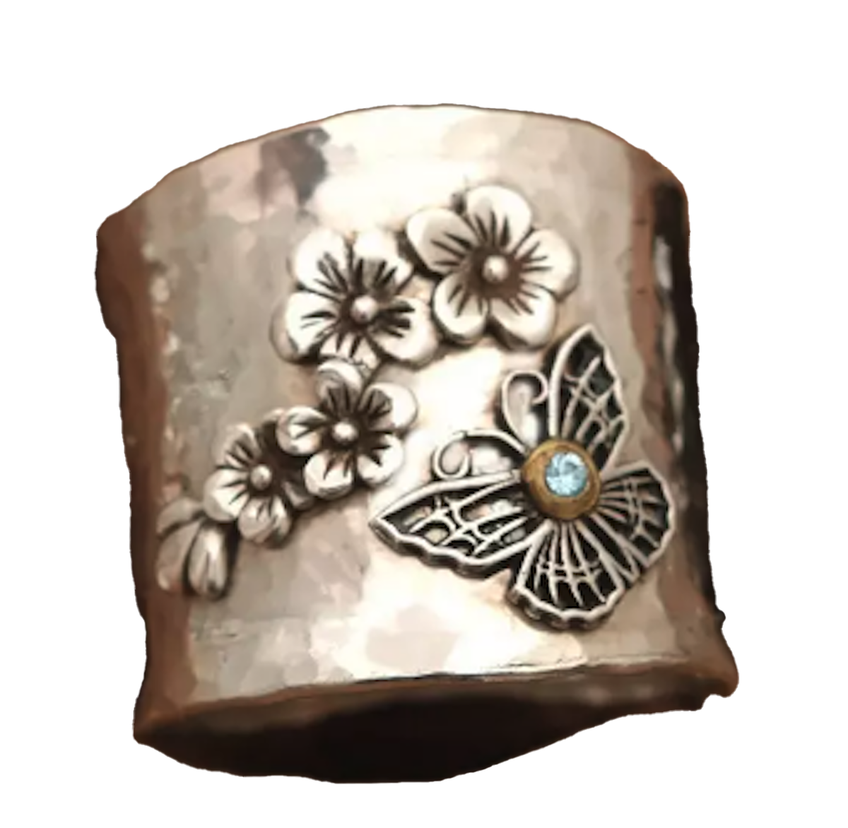 Wholesale BUTTERFLY AND FLOWERS WITH JEWEL EMBOSSED METAL RING ( sold by the piece or dozen)
