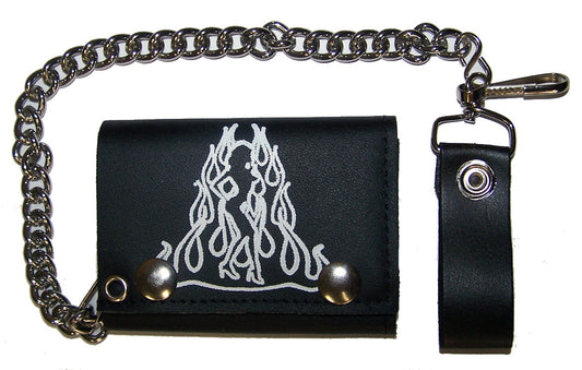 Wholesale SEXY GIRL WITH FLAMES TRIFOLD LEATHER WALLETS WITH CHAIN (Sold by the piece)