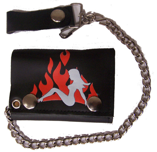 Wholesale TRUCKER MUDFLAP GIRL RED FLAMES TRIFOLD LEATHER WALLETS WITH CHAIN (Sold by the piece)
