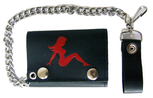 Wholesale RED MUD FLAP TRUCKER GIRL TRIFOLD LEATHER WALLETS WITH CHAIN (Sold by the piece)