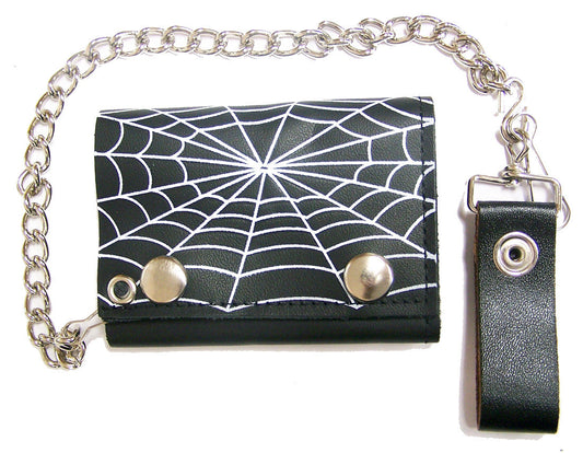 Wholesale SPIDER WEB TRIFOLD LEATHER WALLETS WITH CHAIN (Sold by the piece)