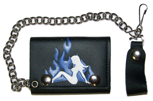 Wholesale TRUCKER MUDFLAP GIRL BLUE FLAMES TRIFOLD LEATHER WALLETS WITH CHAIN (Sold by the piece)