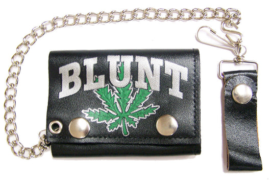 Wholesale BLUNT MARIJUANA POT LEAF TRIFOLD LEATHER WALLETS WITH CHAIN (Sold by the piece)