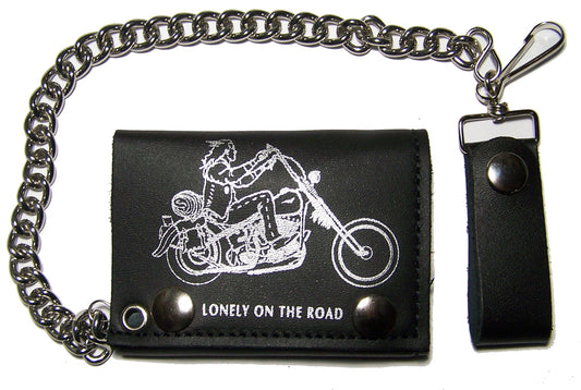 Buy BIKER LONELY ON THE ROAD MOTORCYCLE TRIFOLD LEATHER WALLETS WITH CHAINBulk Price