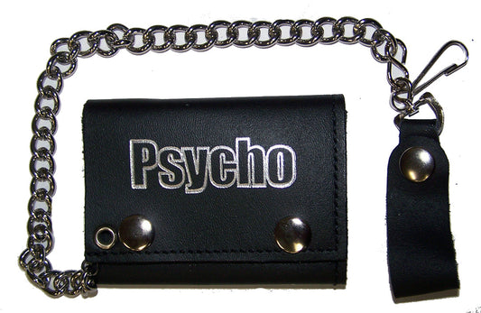 Wholesale PSYCHO letters TRIFOLD LEATHER WALLET WITH CHAIN (Sold by the piece)