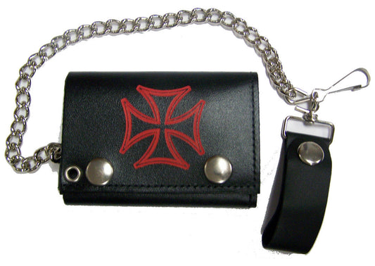 Wholesale RED IRON CROSS TRIFOLD LEATHER WALLETS WITH CHAIN (Sold by the piece)