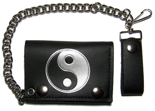 Wholesale LARGE SINGLE YIN YANG TRIFOLD LEATHER WALLETS WITH CHAIN (Sold by the piece)