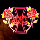Buy LADY BIKER WITH ROSES IRON CROSS CLOTH 45 INCH WALL BANNER / FLAG -* CLOSEOUT $2.95 EABulk Price