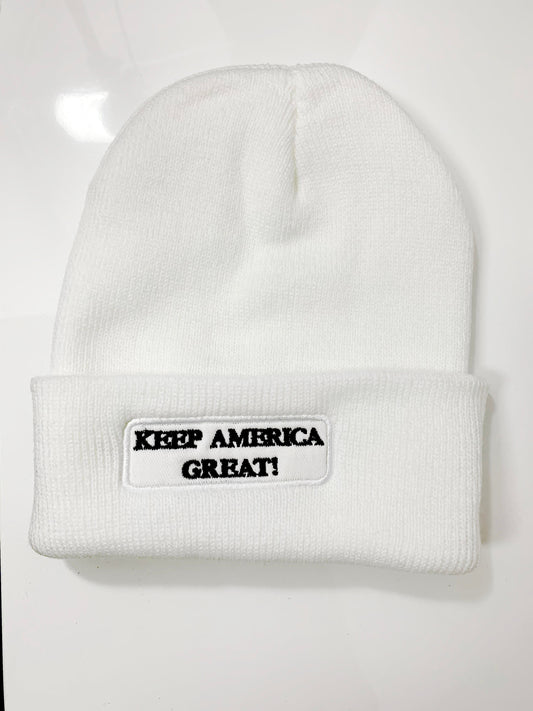 Wholesale KNITTED EMBROIDERED TRUMP KEEP AMERICA GREAT BEANIE CAP, WHITE