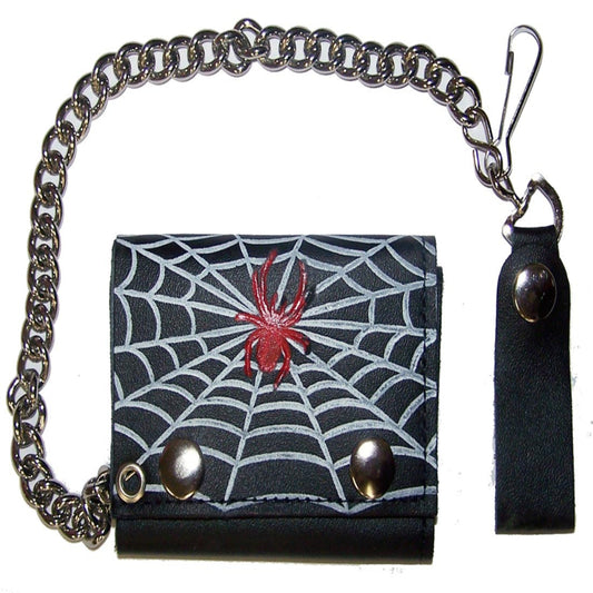 Wholesale Leather Red Spider in Web Trifold Wallet With Chain (sold by the piece)