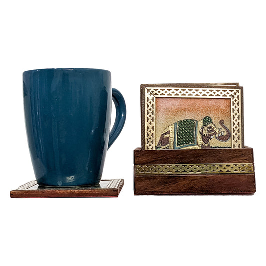 Add a touch of artistry to your table with Handcrafted Wooden Elephant Painting Tea & Coffee Coaster